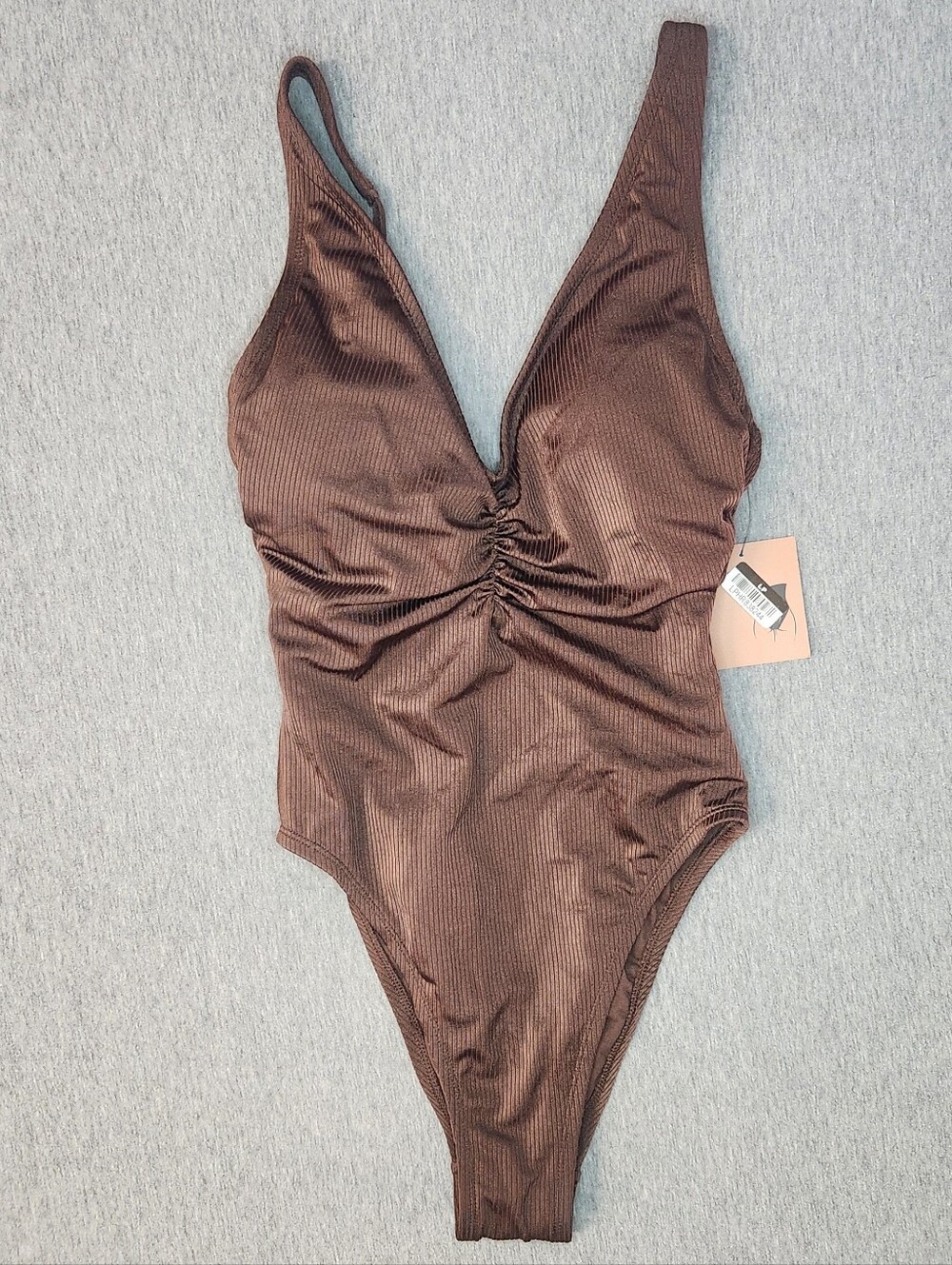 Shade & Shore Shiny Ribbed Plunge High‑Leg One‑Piece Swimsuit Brown S